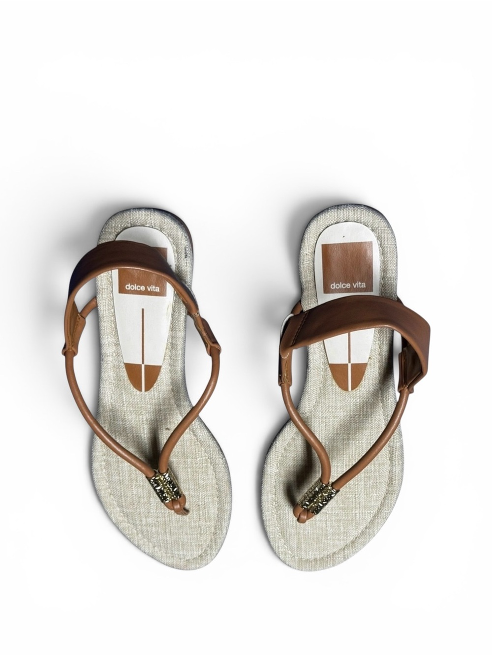 Dolce Vita Tan Leather Thong Sandal Gold Beaded Toe Ankle Strap Size 7.5